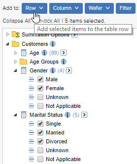 The field list with Male, Female, Single, Married and Divorced selected and the mouse pointer hovering over the Add to Row button